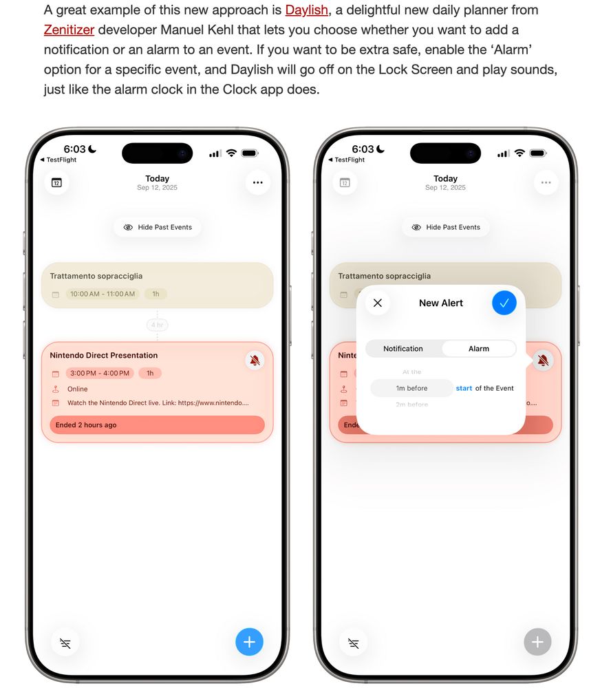 A screenshot showing an excerpt from the article where Daylish is mentioned and depicted in two iPhone frames. One shows Daylish’s main timeline view and the other shows a popover with an alarm configured for one of the timeline items.