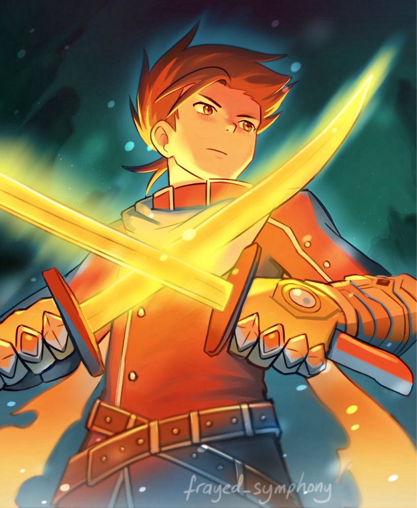 A drawing of Lloyd Irving from Tales of Symphonia in his spirit gear from Tales of the Rays. His swords glow golden and the background is a blue-green dark forest. He is looking to the side 