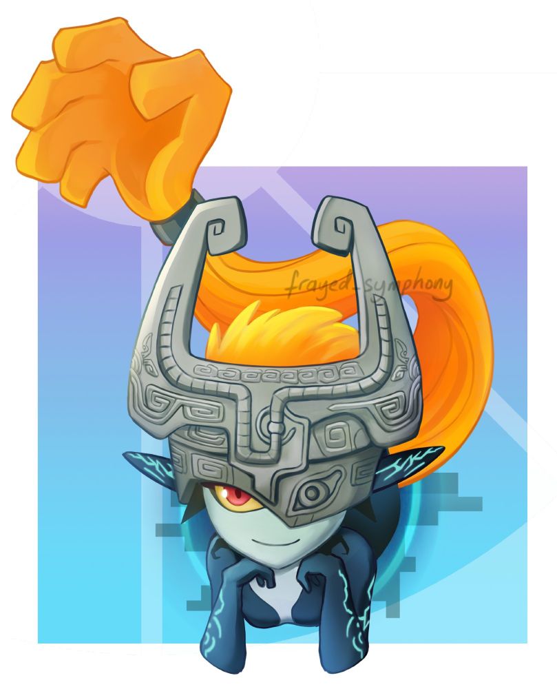Midna from the Legend of Zelda series, head resting on her elbows as she looks towards the camera, emerging from a portal. Her hair is wrapping round behind her, culminating in a hand shape