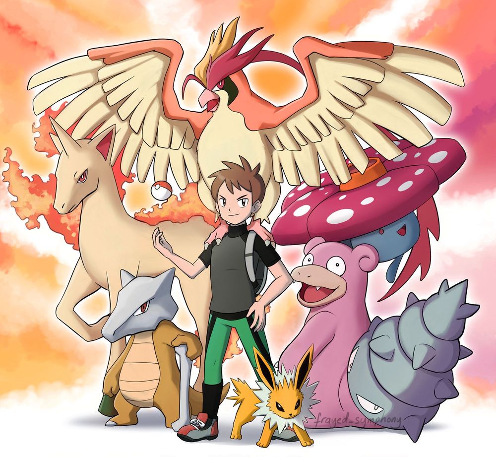 A pokemon team drawing of Trace’s Champion team from Let’s Go Pikachu / Let’s go Eevee. He is standing in the middle throwing a poke ball into the air while mega pidgeot sits on his shoulders. Clockwise around him is vileplume, slowbro, jolteon, marowak and rapidash with a washed out watercolour background fading from orange to pink 