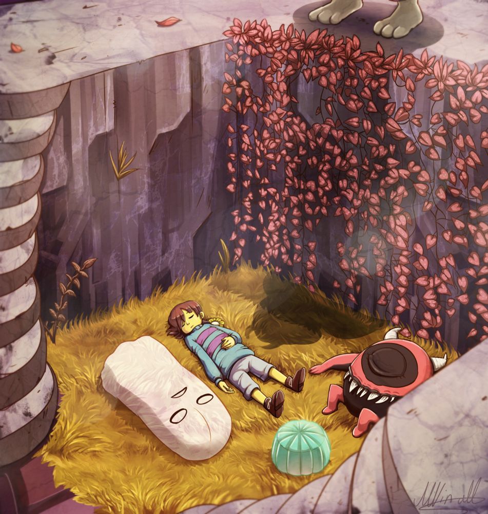 A painting of Frisk, Napstablook, Moldsmal and Loox asleep on the yellowed grassy floor of the Ruins with the shadow of Toriel looming over them. There is a wall covered in faded pink leaves and purple stairs surrounding the group 