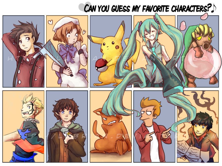 10 drawings of the following characters in a clockwise order - Lloyd from Tales of Symphonia, Rena from Higurashi, Pikachu from Pokemon, Miku Hatsune, Deku Link from Zelda; Majora’s Mask, Merlin from the BBC show Merlin, Fry from Futurama, Kyo from Fruits Basket, Frodo from The Lord of the Rings and Zell from Final Fantasy 8