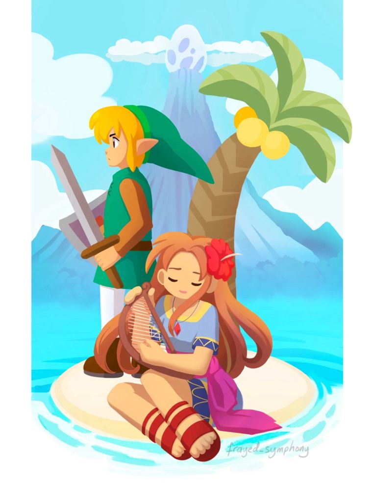 A colourful painting of Link and Marin from The Legend of Zelda Links Awakening on a small island with a coconut tree. The wind fish’s mountain and egg is silhouetted in the background and the two are surrounded by the sea. Link is facing to the left holding his sword and shield while Marin is sitting down playing the harp