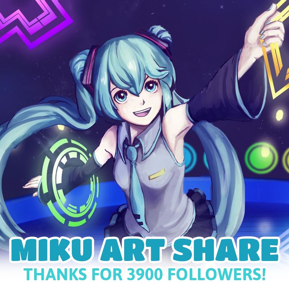 A drawing of Miku Hatsune in a top-down perspective based on the Weekender Girl Project Diva F music video. 

She’s dancing with the PlayStation symbols on a blue stage. The text reads ‘Miku Art Share. Thanks for 3900 followers!’