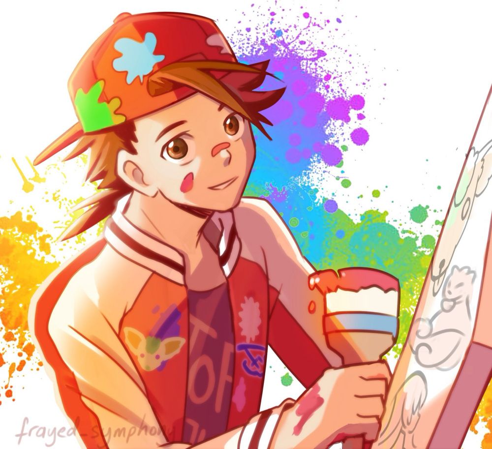 A drawing of Lloyd Irving from Tales of Symphonia in his Tales of Festival 2019 painting outfit. He's holding a paintbrush near a canvas and the background is white with splodges of rainbow paint colours