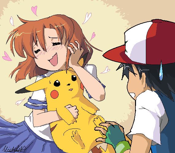 A Microsoft paint drawing of Rena Ryugu from Higurashi with love hearts around her as she hugs Pikachu,who looks nervous. Ash watches on cautiously 