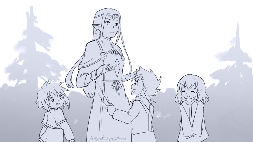 A sketch of Lutesse from Tales of Crestoria surrounded by child versions of Lloyd Irving, Colette Brunel and Genis Sage looking up at her adoringly. The background is the silhouette of a forest