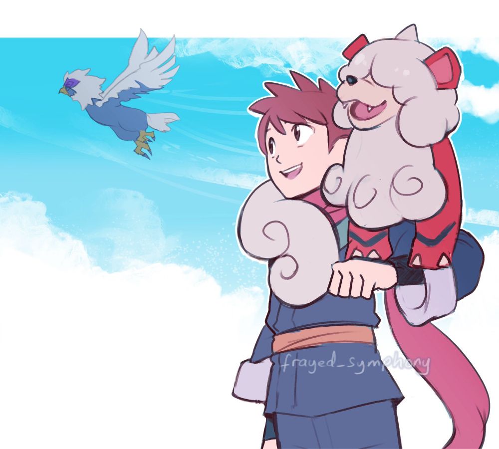 A drawing of Trace from Pokemon Lets Go Pikachu/Eevee dressed as the Legends Arceus characters with a Growlithe on his shoulder and Braviary flying behind 