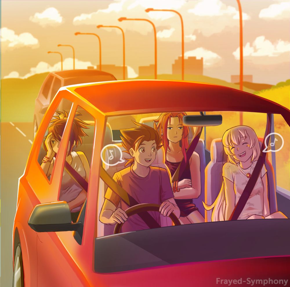 A modern AU drawing of Lloyd Irving, Colette Brunel, Sheena Fujibayashi, Zelos Wilder from Tales of Symphonia driving in a red car down a highway. The two in front seat are singing while the two in back are visibly annoyed. There is an orange hue over the art and another car visible just behind