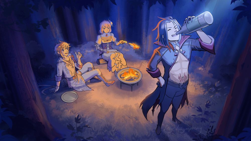 A drawing of Vicious, Kanta Hyujer and Misella from Tales of Crestoria. It's a night scene around a campfire with predominant blue and orange hues. There's some lighter blue moonlight coming down from the top right onto Vicious who's facing up happily drinking from an unlabelled bottle.

Behind him the other two sit with empty plates around the campfire surrounded by dark trees. Kanata is holding up a stick presumably some food was cooked on and Misella looks annoyed towards Vicious and directs a small flame at him from her finger