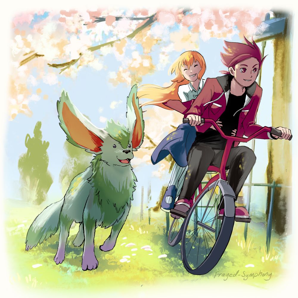 A painting of modern dressed Lloyd Irving and Colette Brunel from Tales of Symphonia riding a bike with Noishe running alongside them. The background is green grass and the silhouette of trees and a fence 