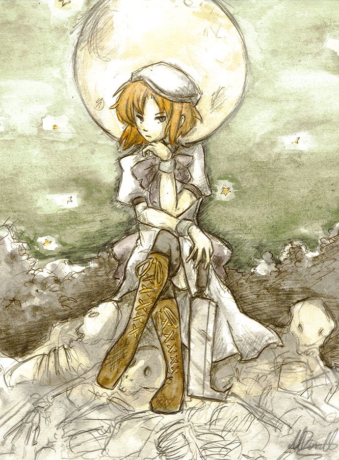 A drawing of Rena from Higurashi no naku koro ni sitting on a pile of bones. She has her legs crossed and a hatchet in one of her hands. The other is under her chin with a bored expression

The sky is green behind her with the moon framing her head