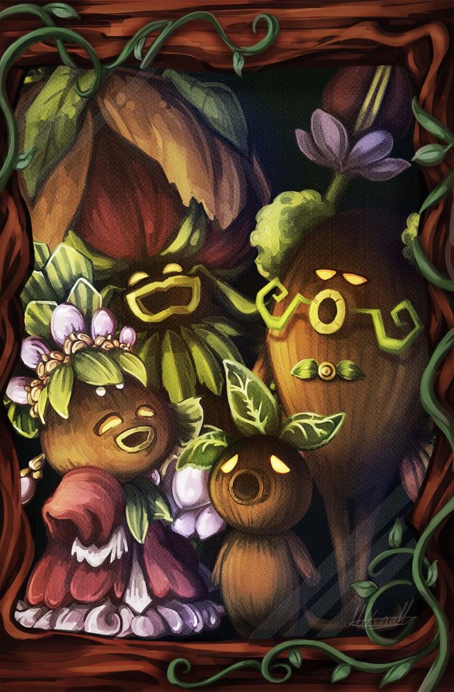  paint of the Deku King, Princess, Butler and his son from the Zelda game Majora’s Mask. They are in a wooden frame with vines around it and all looking happy