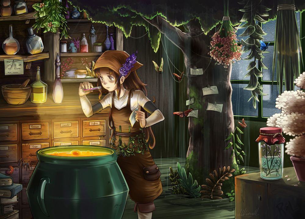 A detailed illustration of the inside of a potion shop. The owner is a young woman with long brown hair pulled back with cloth, some lavender nestled behind her ear. She is examining a vial in one hand with an ingredient list clutched in the other and is wearing brown dungarees with ingredients strapped to her belt

The cauldron in front of her glows orange as it illuminates shelves full of bottles, ingredients and herbs behind her. There is a stack of books on the bottom left and to the right a tree has grown up through the center of the shop, butterflies swarm around it. There are flowers and hanging plants everywhere and through the window outside outside and around the tree, rain is falling 