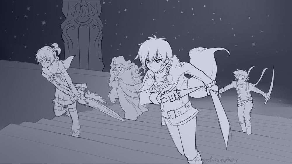 A sketch of Leon Magnus, Kanonno Earheart, Dhaos and Lloyd Irving in Tales of Crestoria climbing stairs with the Phantom Tower in the background. The sky is dark and studded with stars