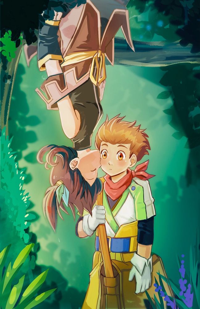 A drawing of Karol Capel and Nan from Tales of Vesperia in a forest. Nan is hanging upside down kissing Karol on the cheek while he looks shocked with a blush 