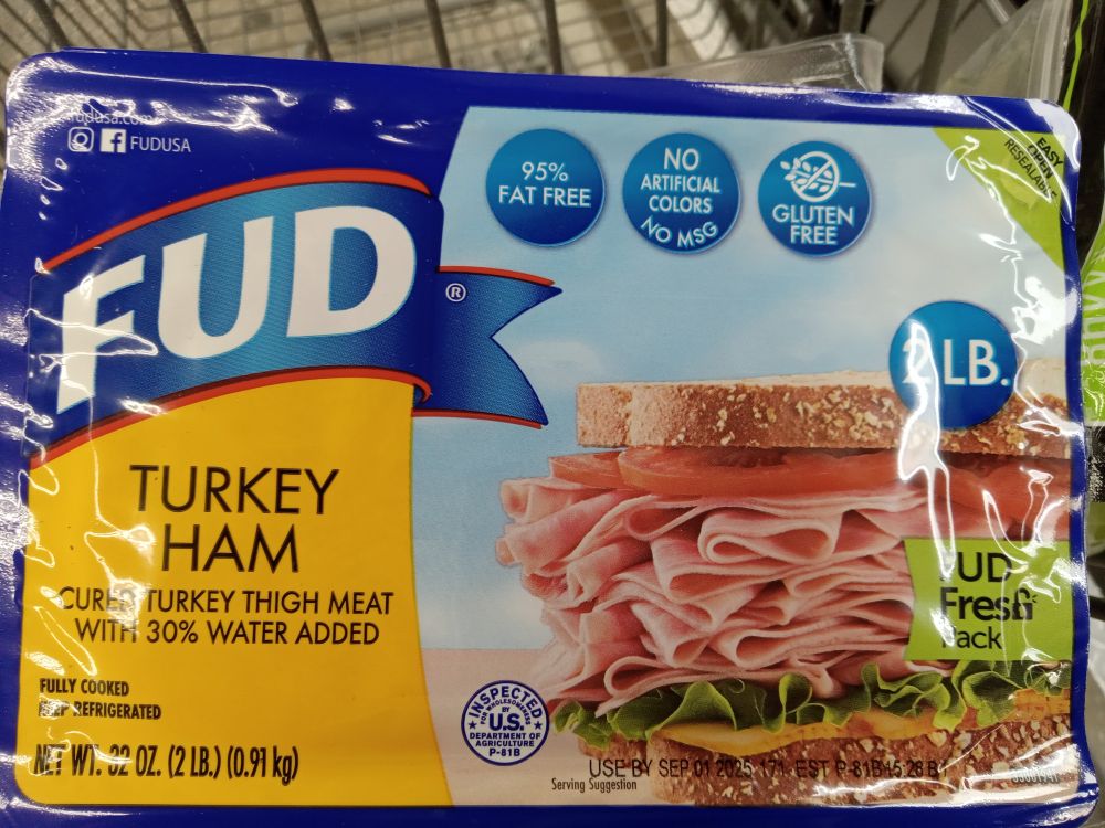 Photo of a package of food product named FUD, claiming to be "Turkey Ham."