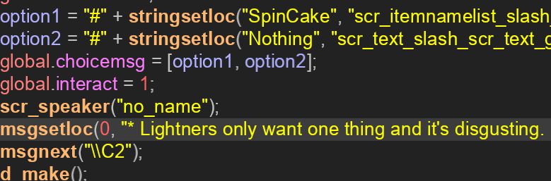 UndertaleModTool screenshot: "* Lightners only want one thing and it's disgusting."