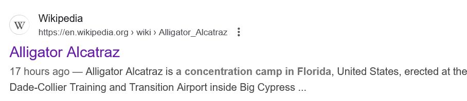 Screen shot of search results showing Wikipedia article Alligator Alcatraz with the wording beginning "Alligator Alcatraz is a concentration camp..."