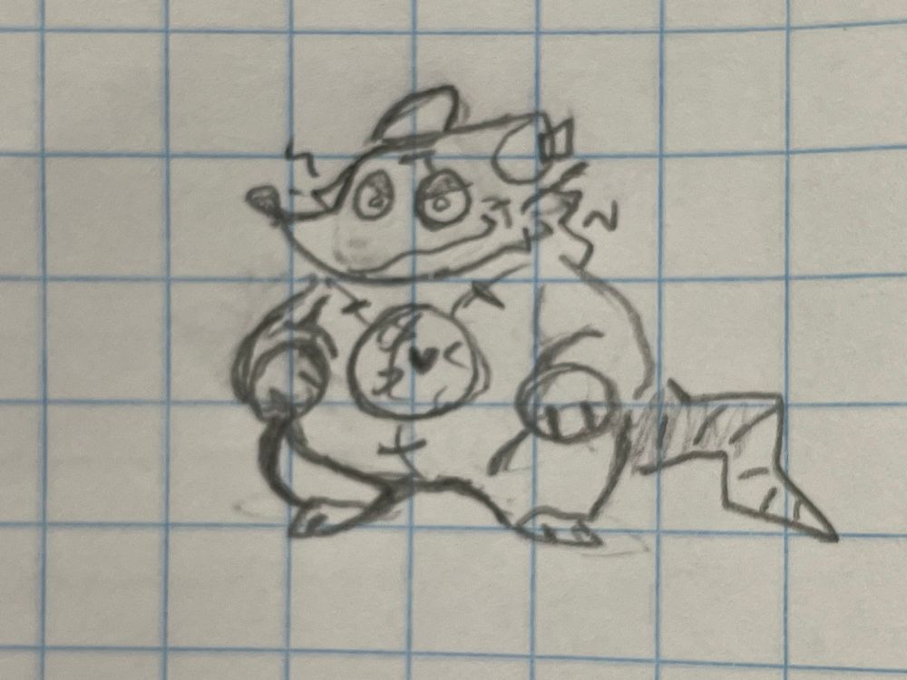 sketch of Mad Rat from the game Mad Rat Dead. He is a small rat with stitches all over his body. There is a hole in his chest, exposing a floating cartoonish heart and ribs.