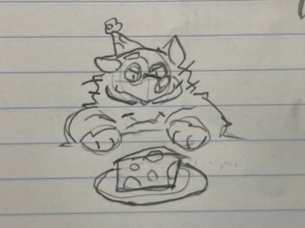 Sketch of Mad Rat with a birthday hat in front of a plate of cheese. I remember drawing this because the game he's from had its anniversary a few days beforehand. 