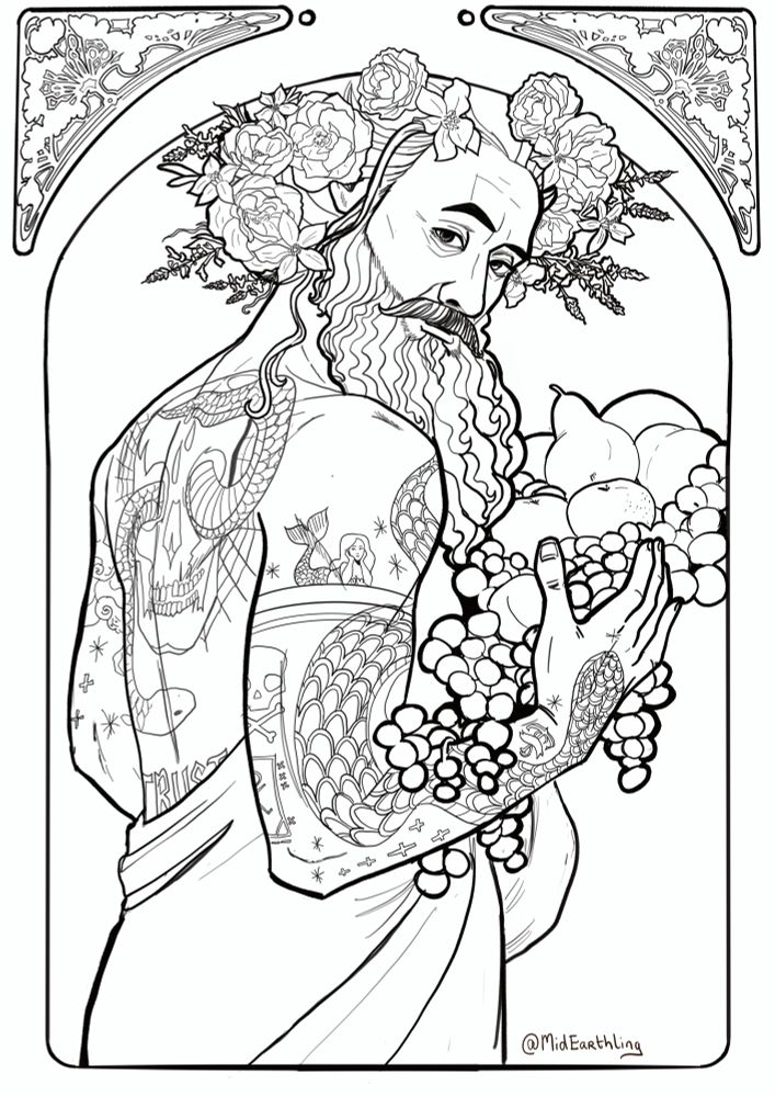 Lineart of Ed holding fruit in the style of a Mucha print
