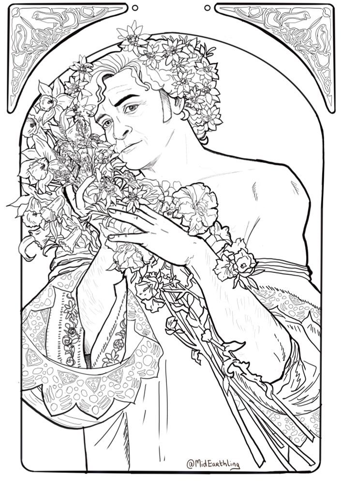 Lineart of Stede holding flowers in the style of a Mucha print