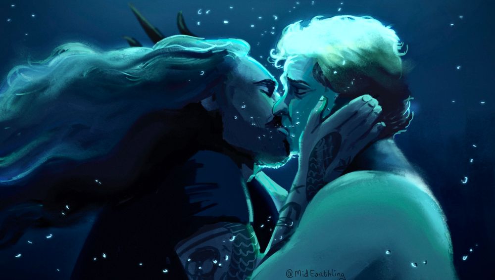Digital painting of Ed and Mermaid Stede sharing a kiss underwater in all blue hues. 