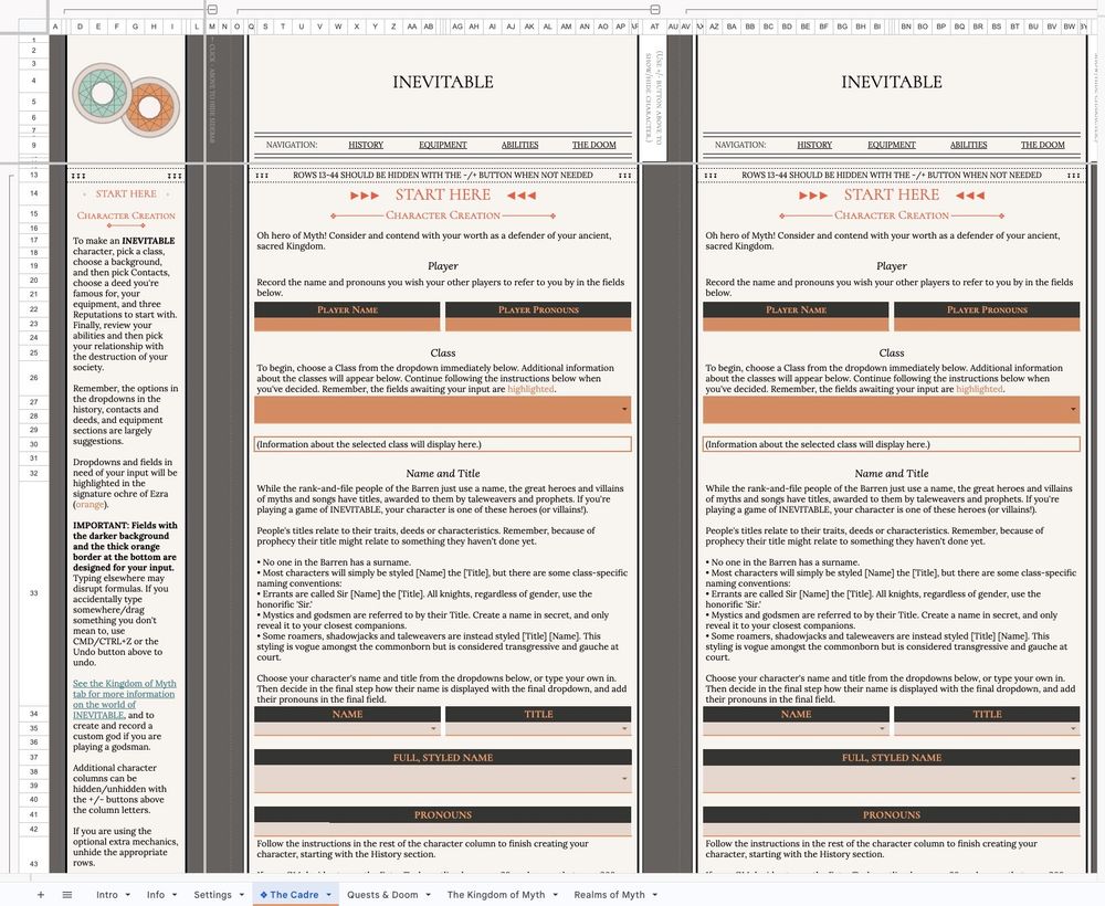 A screenshot of the character keeper for Inevitable by Soul Muppet Publishing, focusing on the character creation guidance.