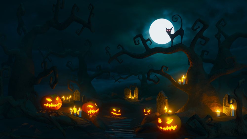 A spooky Halloween scene made in Blender with menacing pumpkins, candles, graves, twisted trees, and a black cat in front of the full moon.