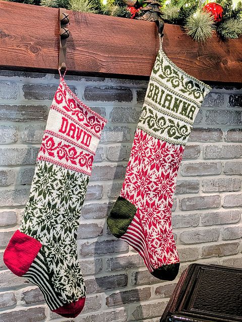 Red, green, and white Christmas stockings hang on a mantle. They each have a name stitched into their upper sections: one is David, the other is Brianna.