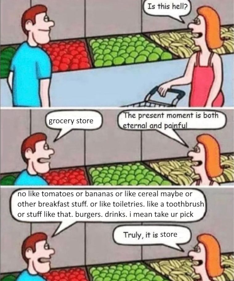 comic where someone confuses the grocery store with the concept of hell but someone helps out and then they get it