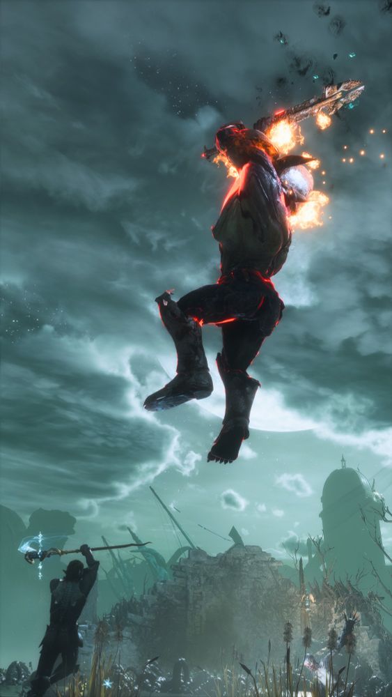 My Rook Mage fighting a Darkspawn ogre (?) who is leaping towards me, aflame, with a giant sword. A swampy, night time setting with a cloudy backdrop and the moon partially peaking through.