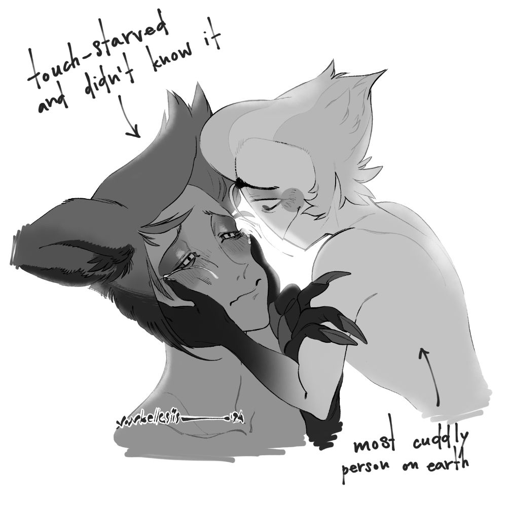 Lucifer is holding Alastor's face with a happy yet sad smile, while Alastor is crying, looking into his eyes and holding on to him. Texts read "touch-starved and didn't know it" with an arrow pointing at Alastor; and "most cuddly person on earth" pointing at Lucifer. It's a rendition of a meme about ship dynamics in fiction.