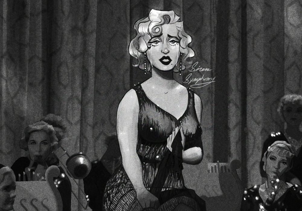 the same illustration of Marilyn, cropped and zoomed in to show the detailing  of her singing on top of the piano.