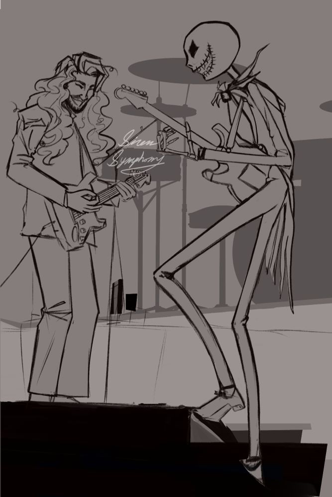 a rough sketch of hozier and jack skellington playing electric guitars on stage