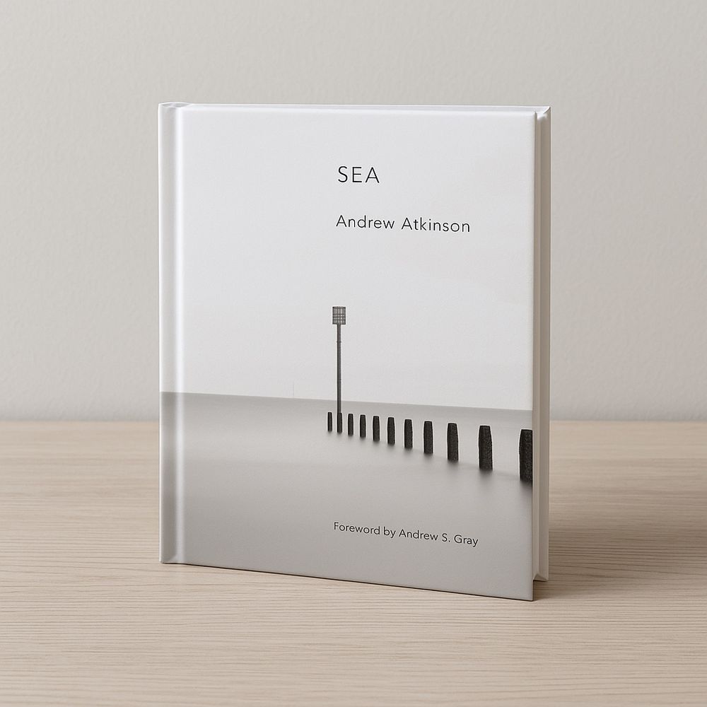 A mock up of my latest book SEA with profits going to dementia Uk. The book is sat upright on a table 