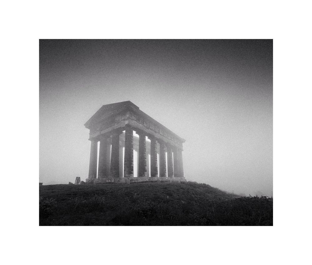 Black and white image in the mist of Penshaw Monument 