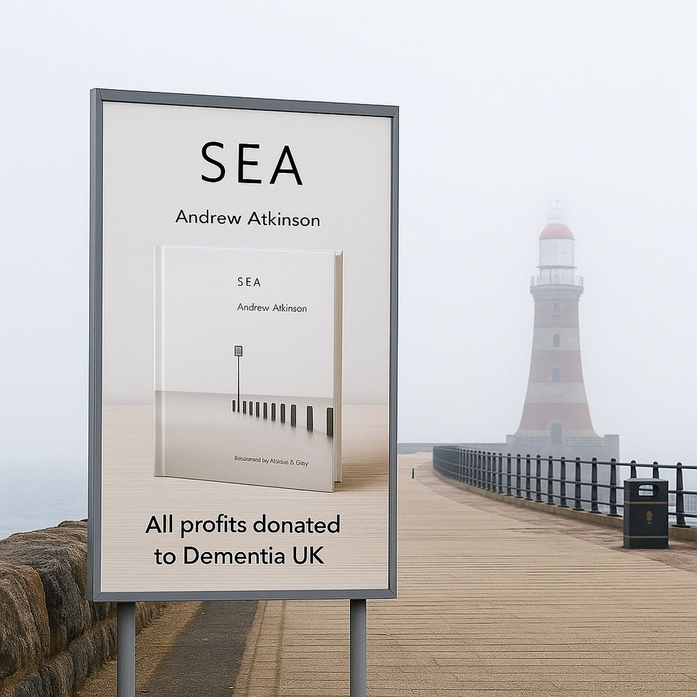 Image of Roker Pier with an advert for my latest charity photobook - Sea