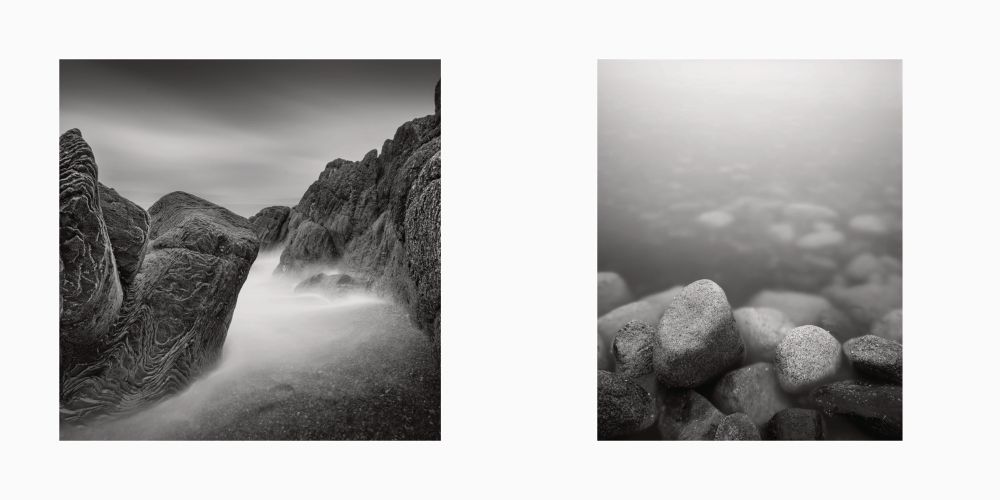 Black and seascape of a double page spread from my book. First image is some beautiful rock formations. The second of rocks underwater