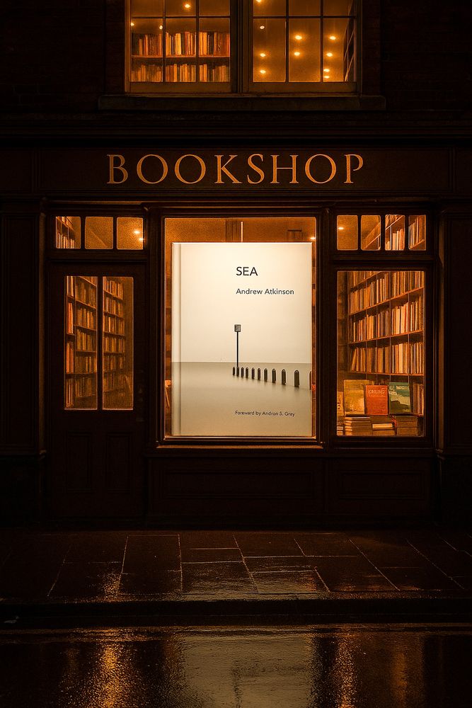 A colour image of a book shop with a mock up of my book in the window. 