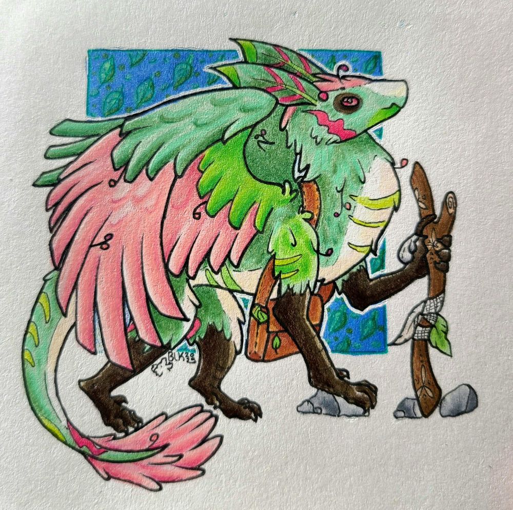 A drawing of a green and pink gryphon-like creature, walking on all fours, carrying a brown leather satchel and using a carved staff as a walking stick.