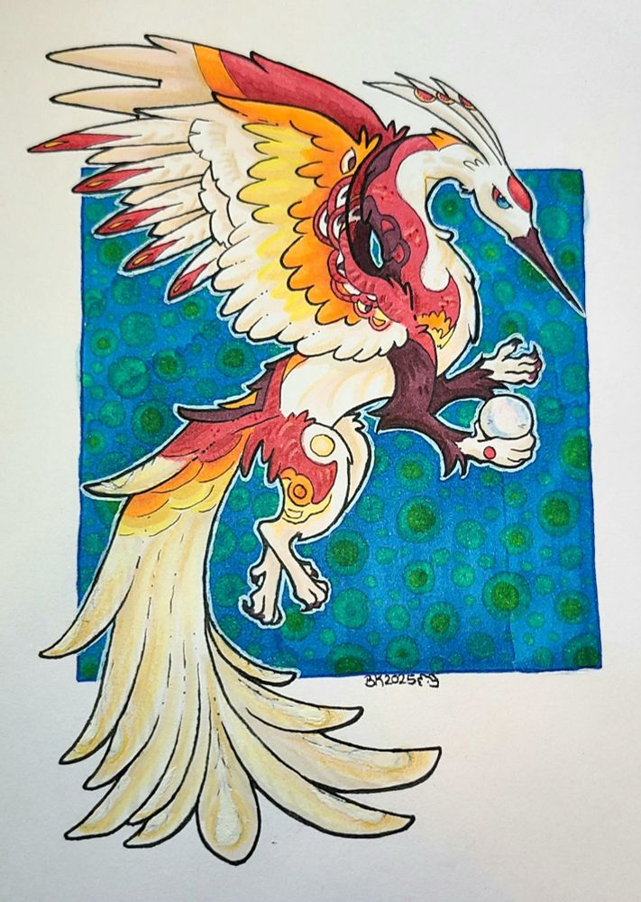 A colored marker drawing of a gryphon like creature. The head and neck resemble those of a crane, while the tail feathers are peacock like. The gryphon is mainly a cream white, with yellow, orange, and red coloring. There is a square blue background with speckling.