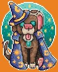 A pixel art brown wizard puppy. He has cream markings, and is wearing a blue celestial hat and cape.