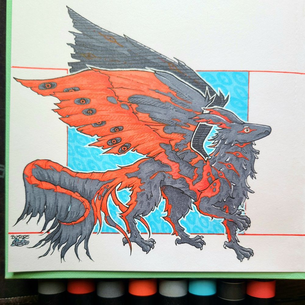 A color marker drawing of a bird-dragon like creature. It is black with bright red markings, some resembling eyes and some splatter. The background is a light blue with an eye pattern.