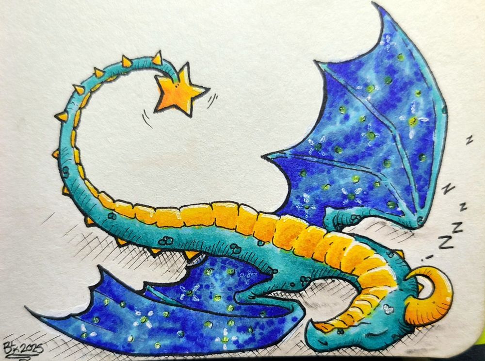A colored marker drawing of a blue dragon with yellow belly and horns. There is a bright yellow star at the end of its tail. The wings appear to have the night sky on them.