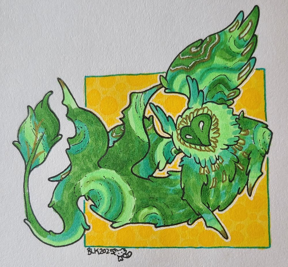 A colored drawing of a green owl-faced gryphon creature, with golden accents. There is a bright yellow square background.