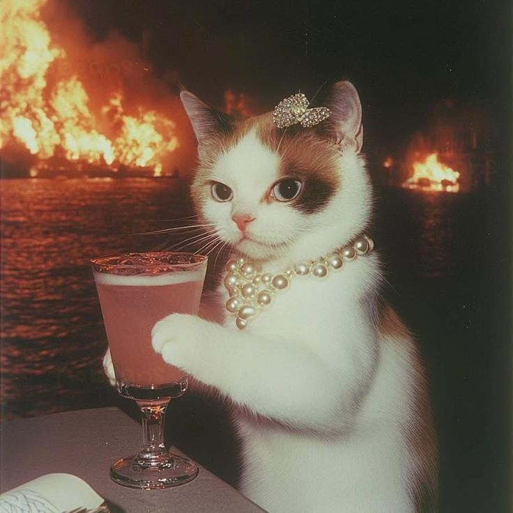 Cat with pearl necklace holding a drink while the background is on fire 