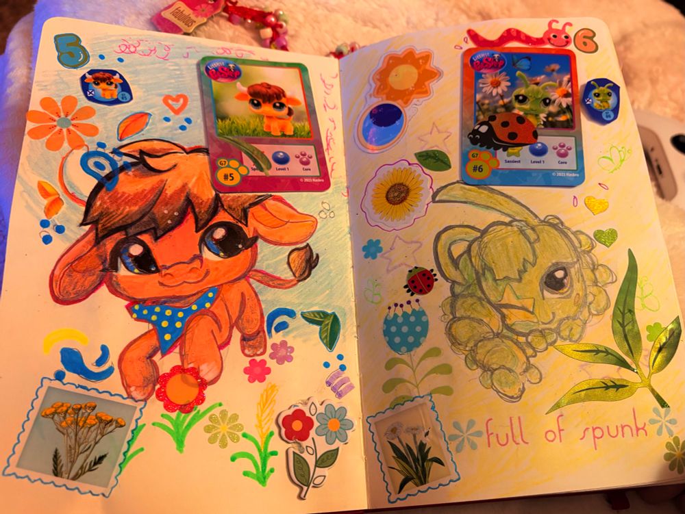 A spread of two pages with drawings of an LPS Bull with orange fur and brown hair, and a green caterpillar with a yellow star over one eye. 
