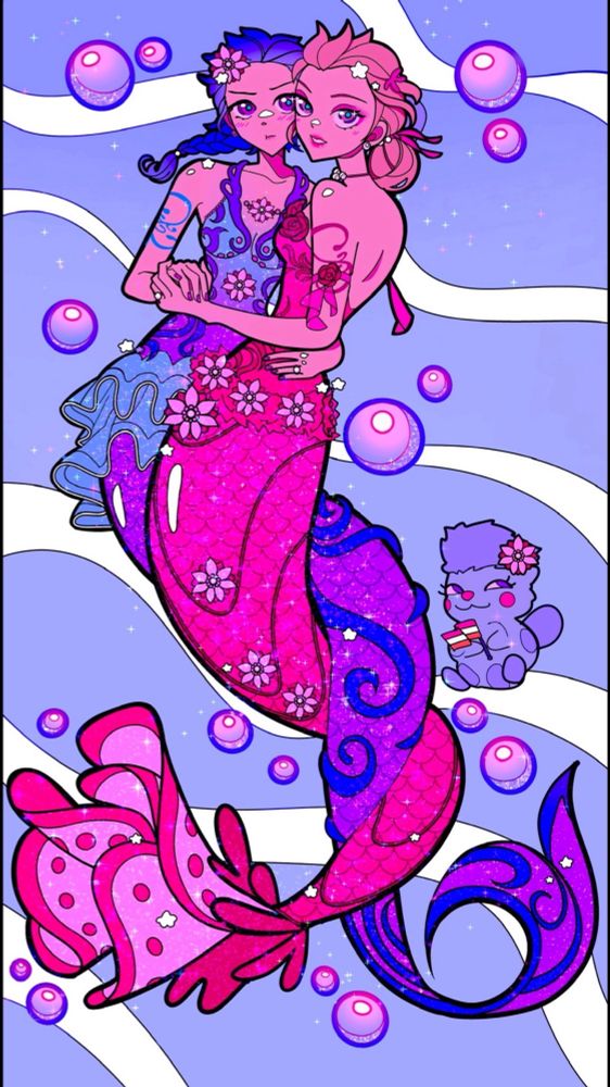 A bright stylized, drawing of the mermaid character characters from the movie, Barbie Mermaidia. Their entertaining their tails together one of them is purple and blue, and one of them is different shades of pink. 